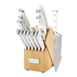 Cuisinart 15-Piece Excessive Carbon Stainless Metal Knife Set with Block, Solid Triple Rivet Design, White, Mannequin C77WTR-15P