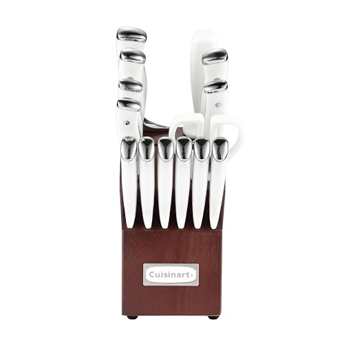 Cuisinart 15-Piece Knife Set with Block, Excessive Carbon Stainless Metal, Cast Triple Rivet, White and Cherry - Mannequin C77WTR-15PCW