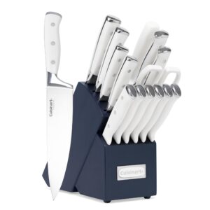 Cuisinart 15-Piece Knife Set with Block, Solid Excessive Carbon Stainless Metal, Triple Rivet Design, White/Navy C77WTR-15PN