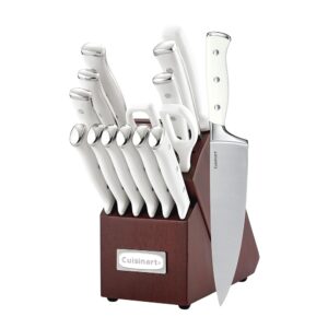 Cuisinart 15-Piece Knife Set with Block, Excessive Carbon Stainless Metal, Cast Triple Rivet, White and Cherry – Mannequin C77WTR-15PCW