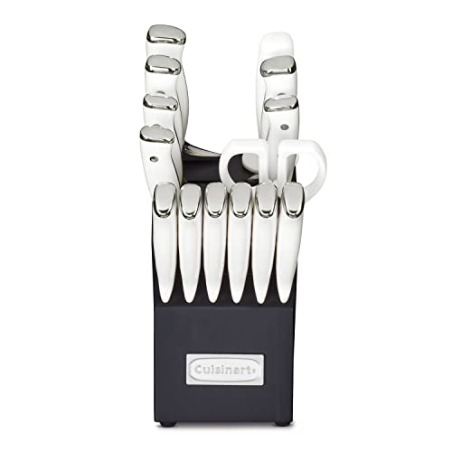 Cuisinart 15-Piece Knife Set with Block, Solid Excessive Carbon Stainless Metal, Triple Rivet Design, White/Navy C77WTR-15PN